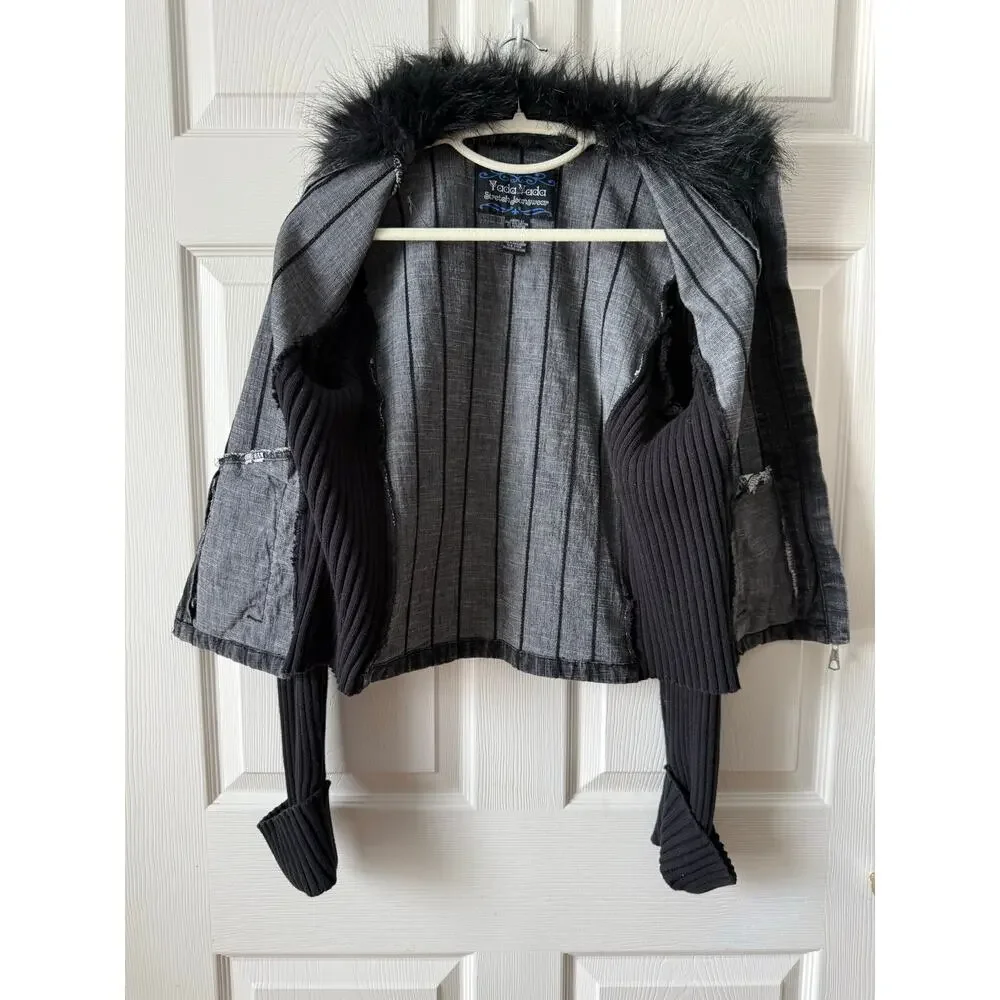 Yada‎ Yada Y2K Faux Fur Trim Jacket Gray Black Jrs L Indie Sleaze McBling Moto